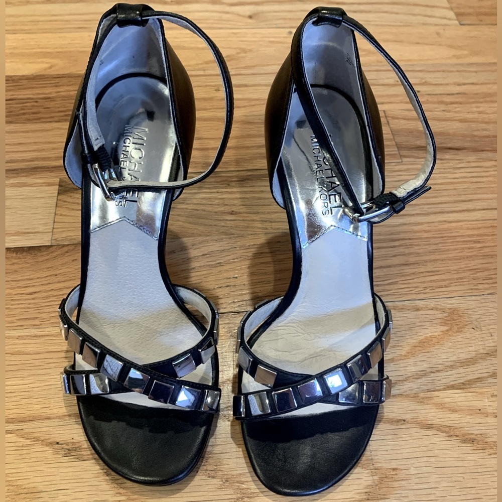 Women’s Michael Kors Black and Silver Heeled Sandals (Size 5)